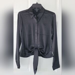 New Express Satin Black Button-Up Tie Front Blouse, Size XS
